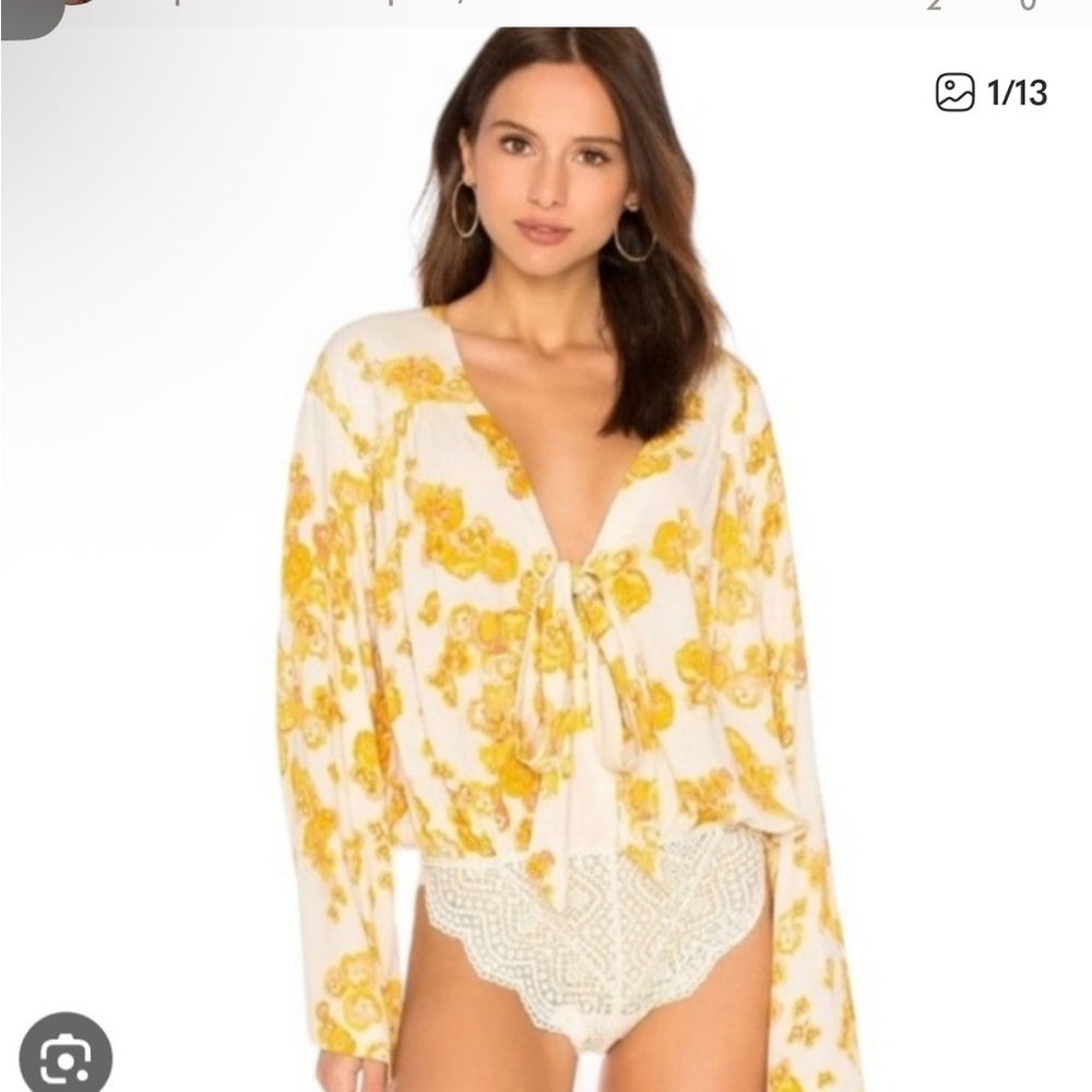 Intimately Free Forties Feels Yellow Floral Print Tie Front Bodysuit - S…